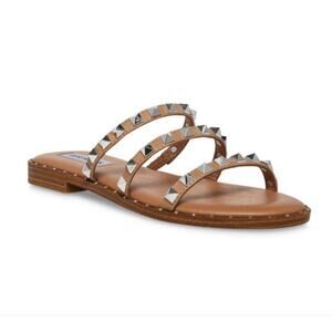 Steve Madden Women's Slip-On Silver Studded‎ Skyler Flat Sandal Tan Size 7.5